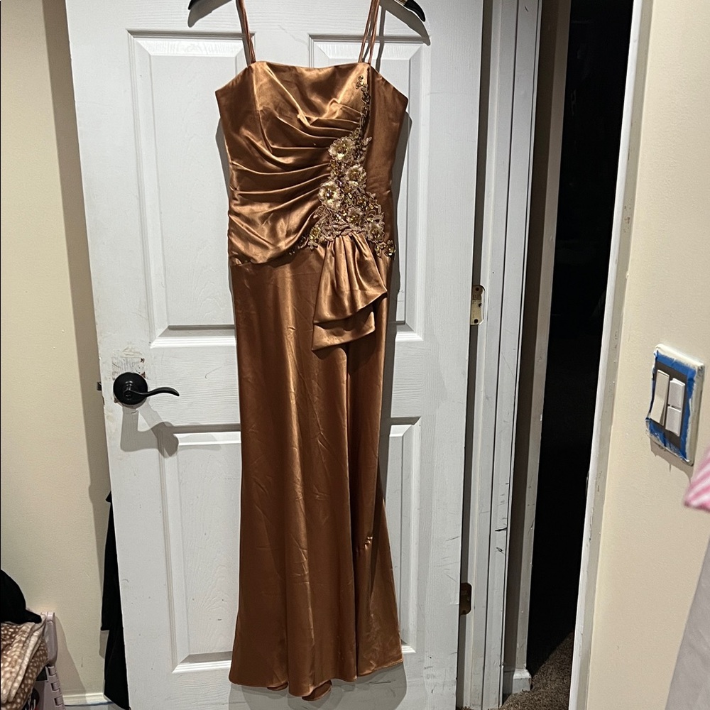 Dave & Johnny Bronze Prom Dress with Floral Accents